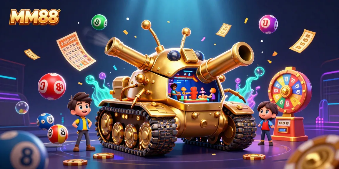 Engage in thrilling gameplay with MM88’s dynamic casino scene featuring golden beetle tank and lottery elements.