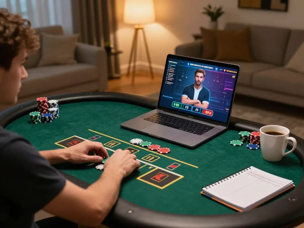 Play poker on 68wingame with a cozy home setup including laptop and strategy notes.