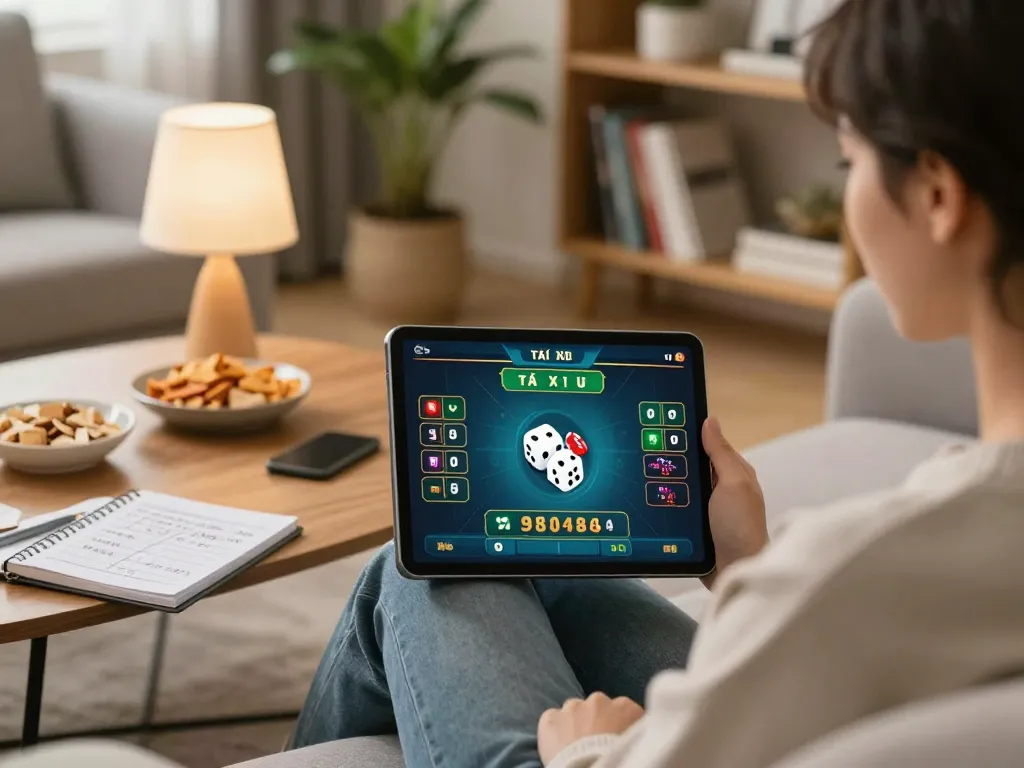 Engaging in tài xỉu online gaming, a player using a tablet at home with strategy notes visible.