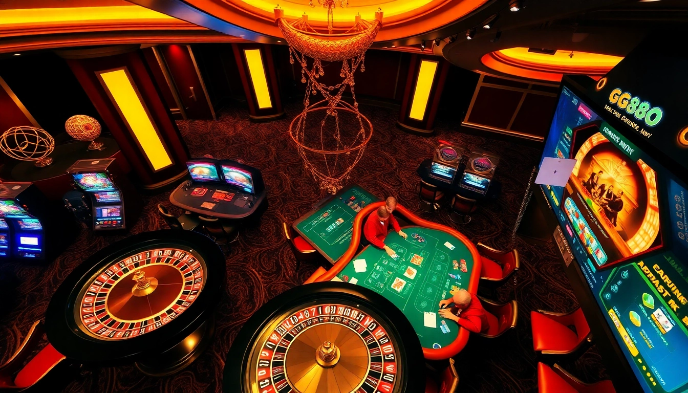 Betting action at a vibrant casino scene featuring elements of https://gg888.info/ including poker, roulette, and slot machines.