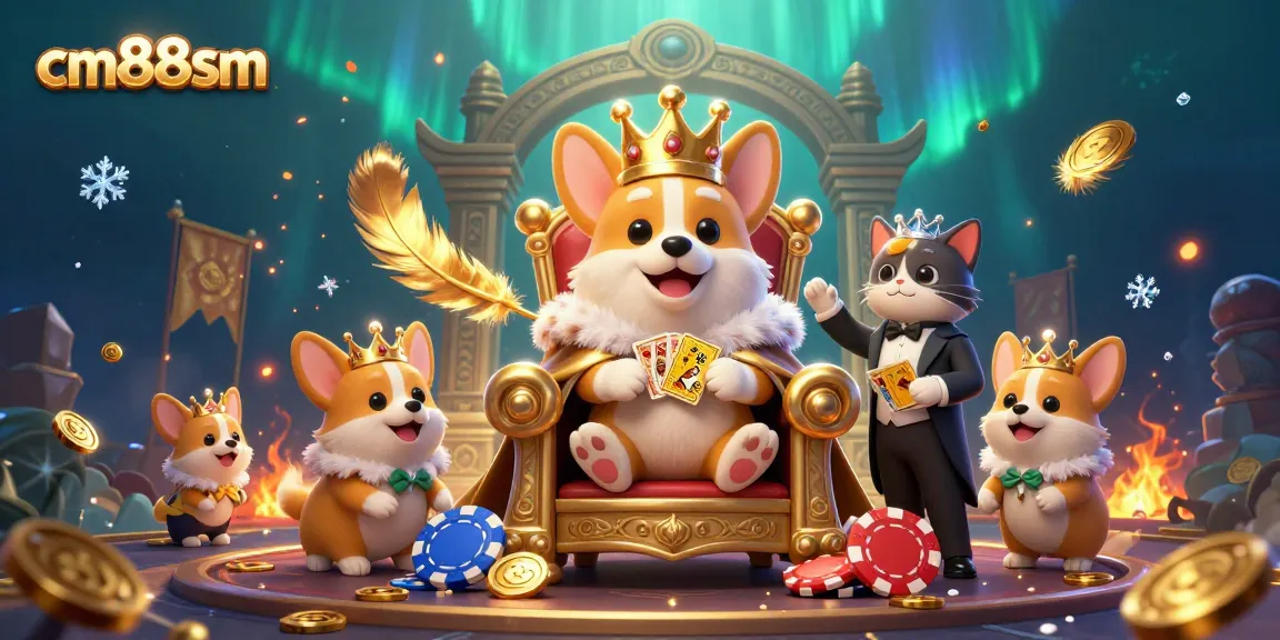 Experience excitement at cm88sm with a royal corgi on a throne amidst vibrant casino elements.