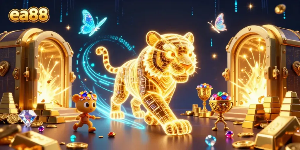 Experience the thrill of ea88 with a neon tiger in a vibrant, digital casino landscape surrounded by treasures.