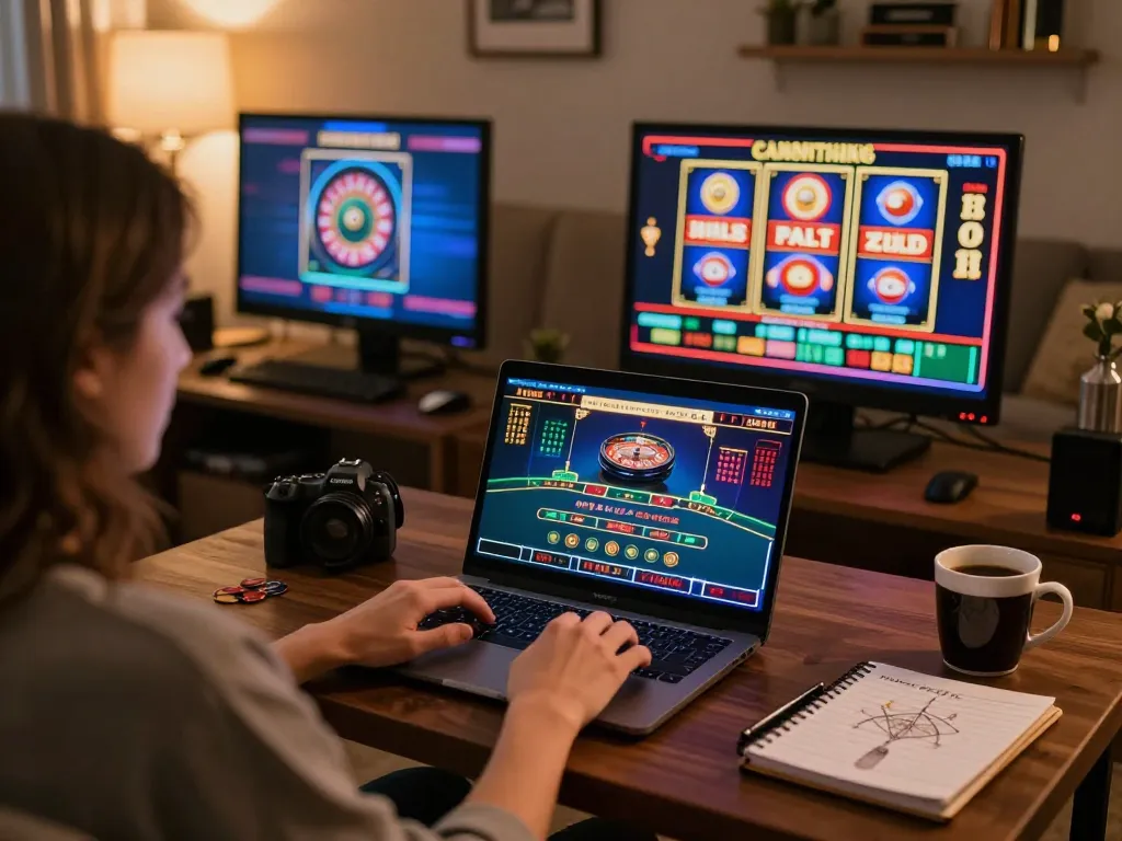 Player engaging with FC88 online casino games at a modern home setup, showcasing live dealer blackjack and exciting slots.