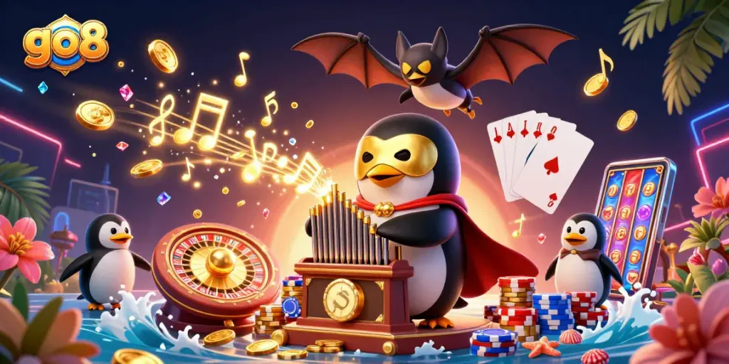 Experience exciting gaming at go8 with a vibrant 3D casino scene featuring lively characters and dynamic elements.