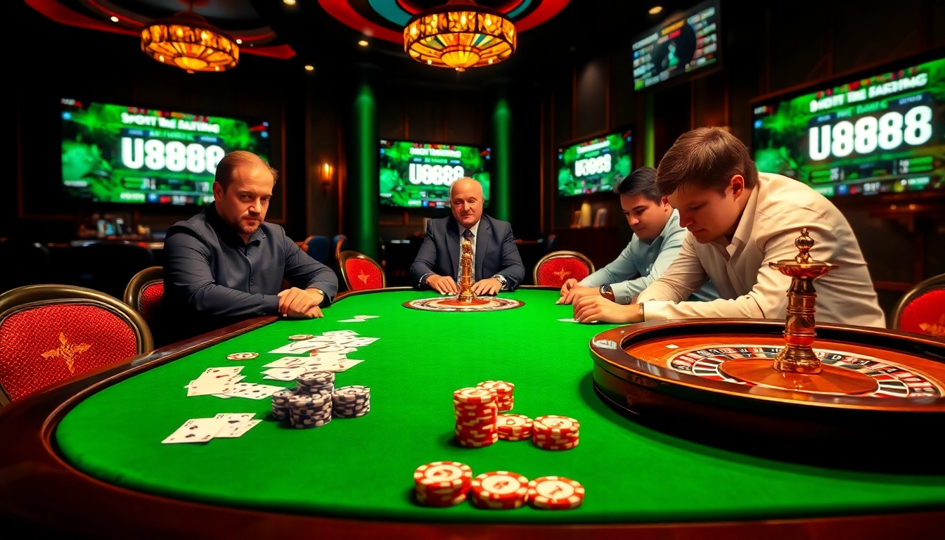 Poker players engaging in a thrilling game at a casino table with UU8888 betting options displayed.
