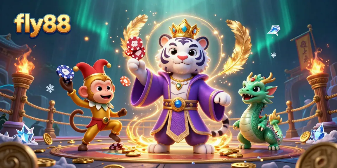 Experience excitement with fly88 at a vibrant casino-themed illustration featuring a dynamic tiger and monkey.