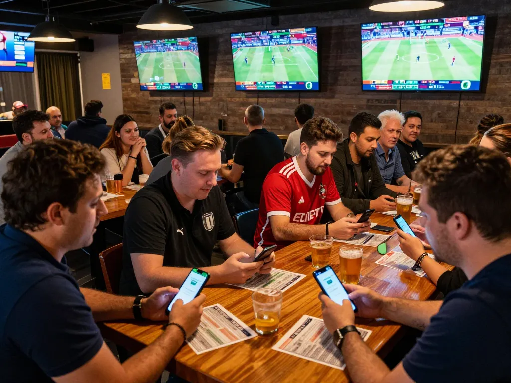 ZBET patrons engaged in active sports betting at a lively venue, excitement palpable in the social atmosphere