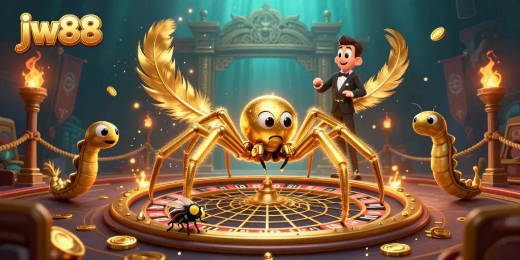 Engaging gaming scene showing jw88 with a spider croupier spinning a roulette web surrounded by tokens and atmosphere.
