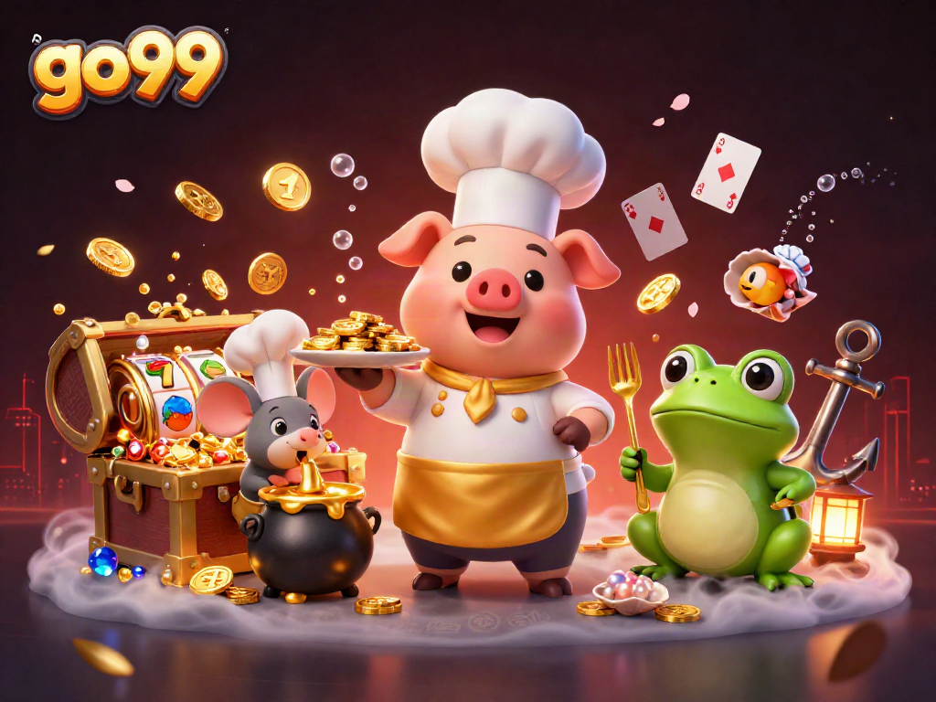 Engage with exciting slots at go99 while the chef pig serves gold coins and lively game elements.