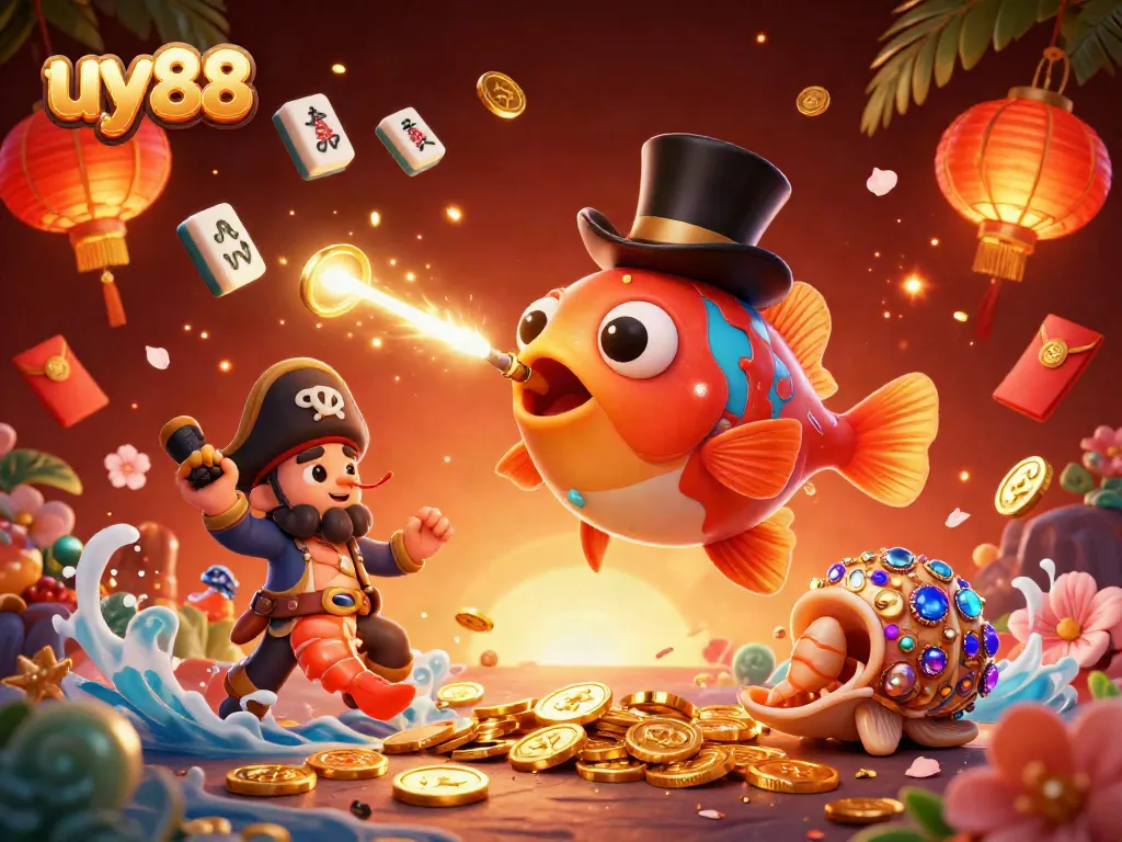 Experience the excitement of uy88 with a vibrant illustration showcasing a deep-sea anglerfish and pirate shrimp.