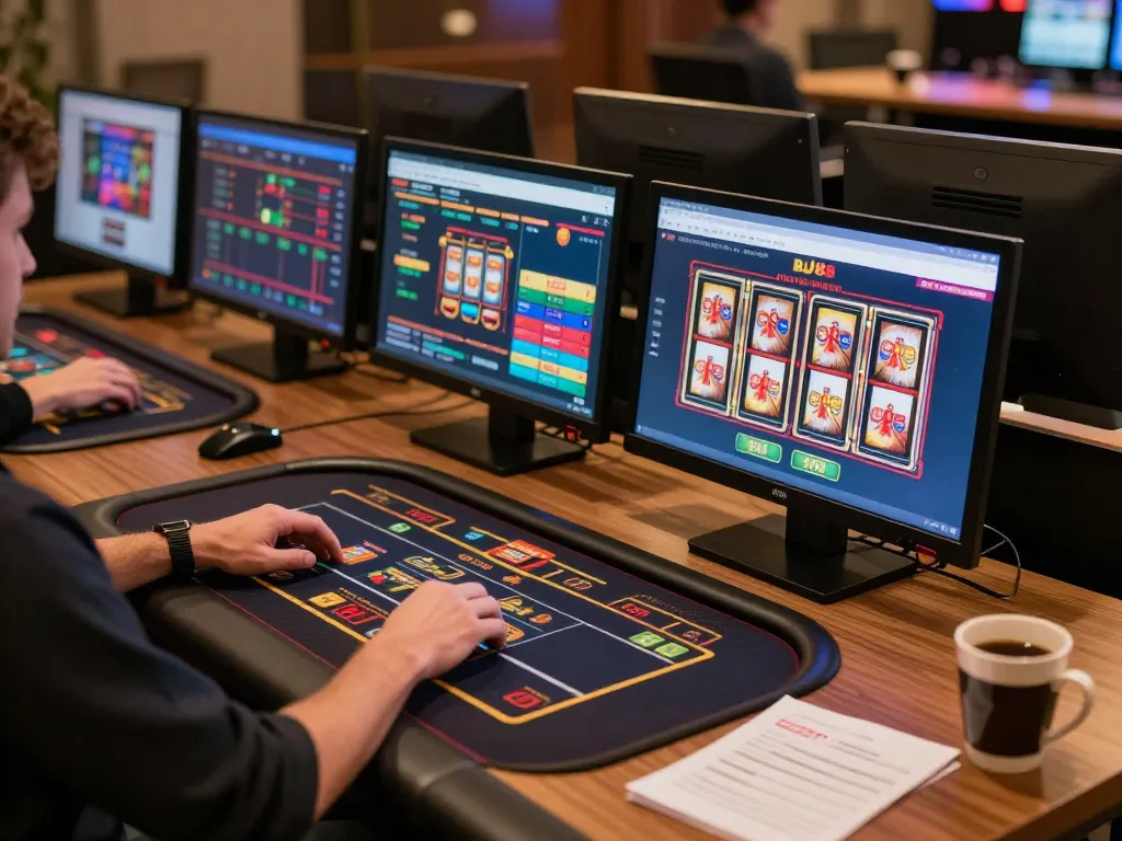 Engaging in BJ88 online gaming with multiple screens and warm lighting in a stylish setup