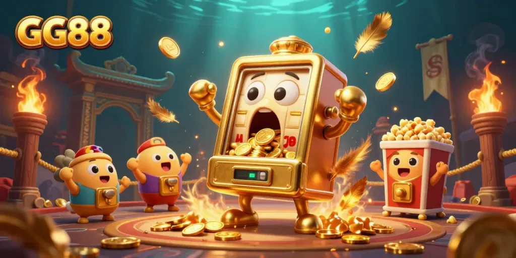 Experience the excitement at GG88 as the golden slot machine hits a jackpot, surrounded by cheering machines and captivating elements.