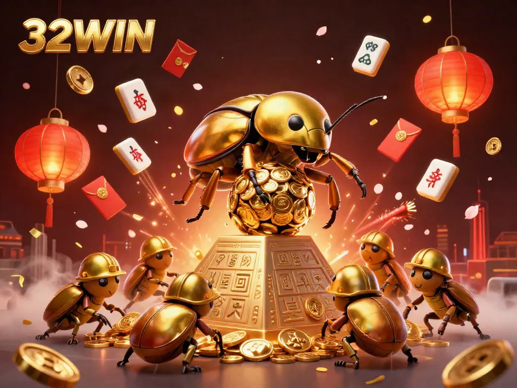 Experience thrilling gameplay at 32WIN with a golden dung beetle rolling coins amidst vibrant casino symbols.