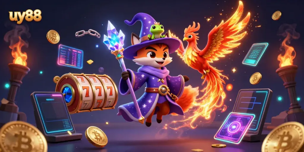 Experience thrilling gaming with uy88, featuring a wizard fox and a phoenix amidst vibrant slots and crypto elements.
