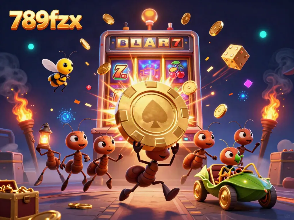 Ants and grasshopper characters in a dynamic heist scene celebrating winnings at 789fzx casino, bursting slot machine elements.