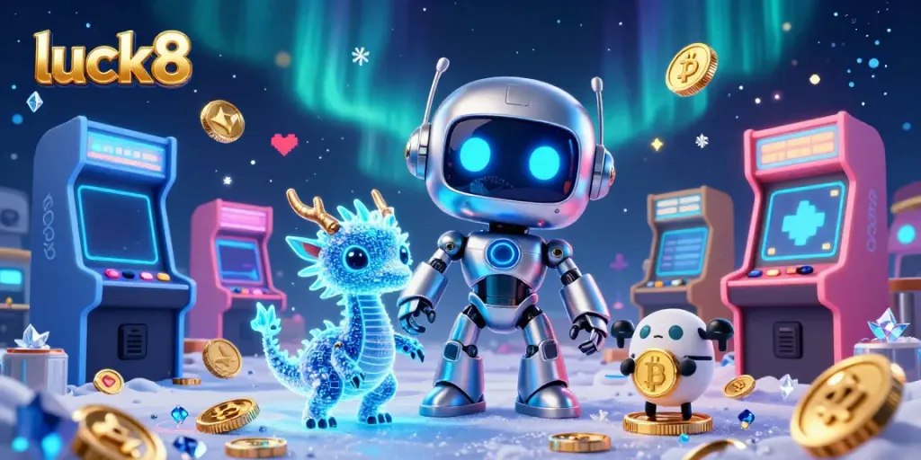 Experience luck8 in a vibrant casino scene with a cyberpunk robot and dragon amidst arcade games.