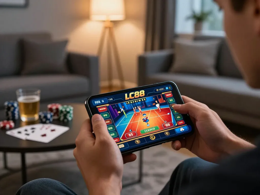 Engaged player betting on LC88 casino app, smartphone showcased, focused on winning strategies.