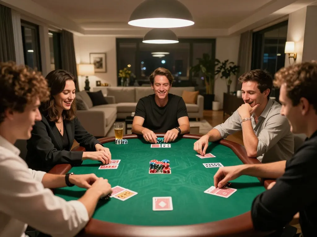 Players enjoying a strategic game of poker on kkwin's platform during a friendly home gathering.