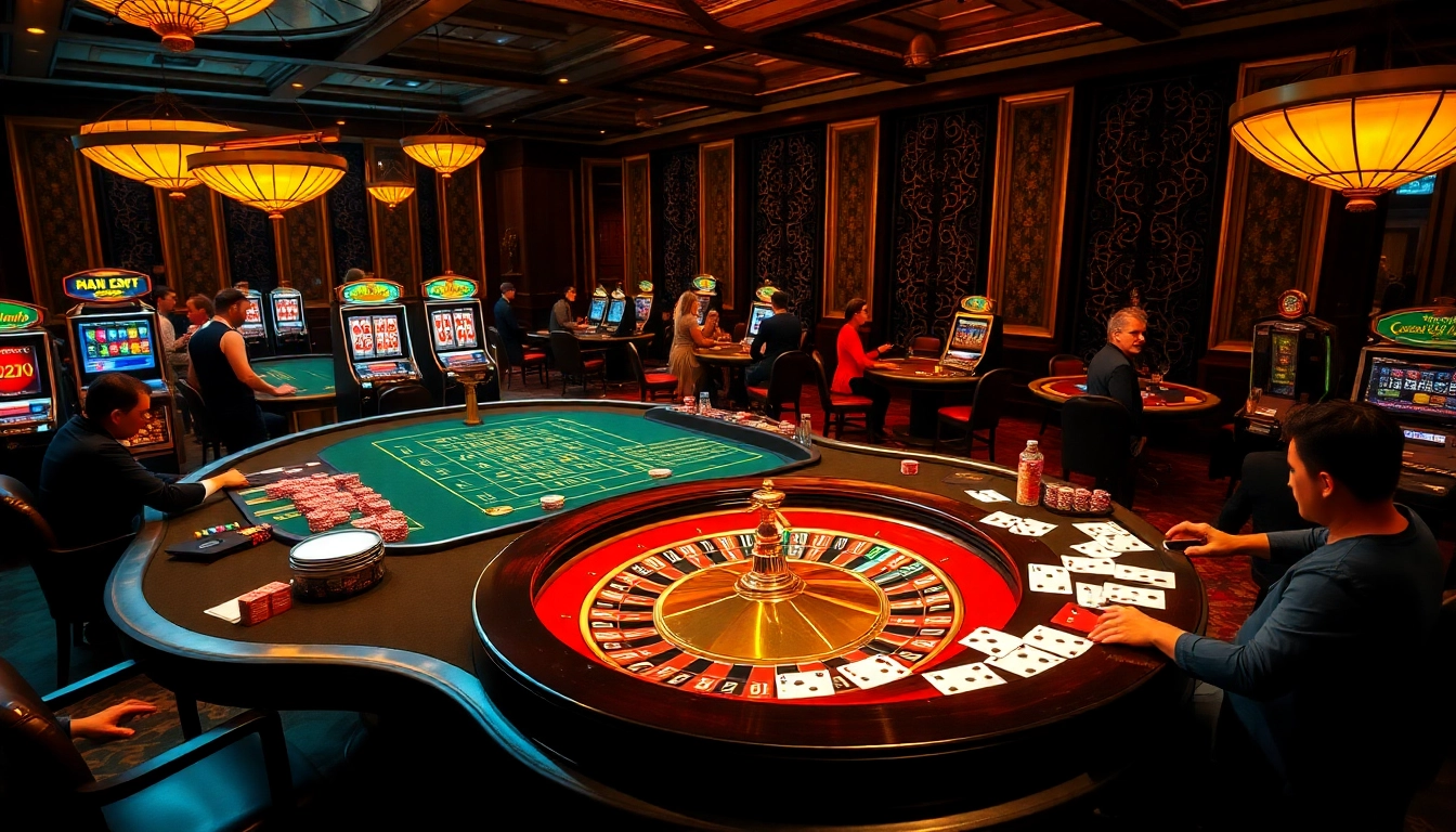 A dynamic gambling scene at https://luongsontv5.com/ with vibrant tables featuring poker chips and roulette wheels.