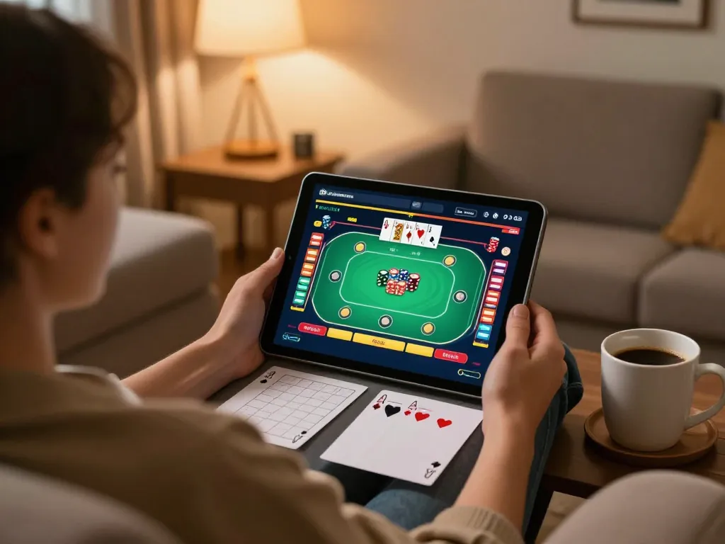 Player engages with tr88's online poker game on a cozy home setup, surrounded by strategy notes and warm lighting.
