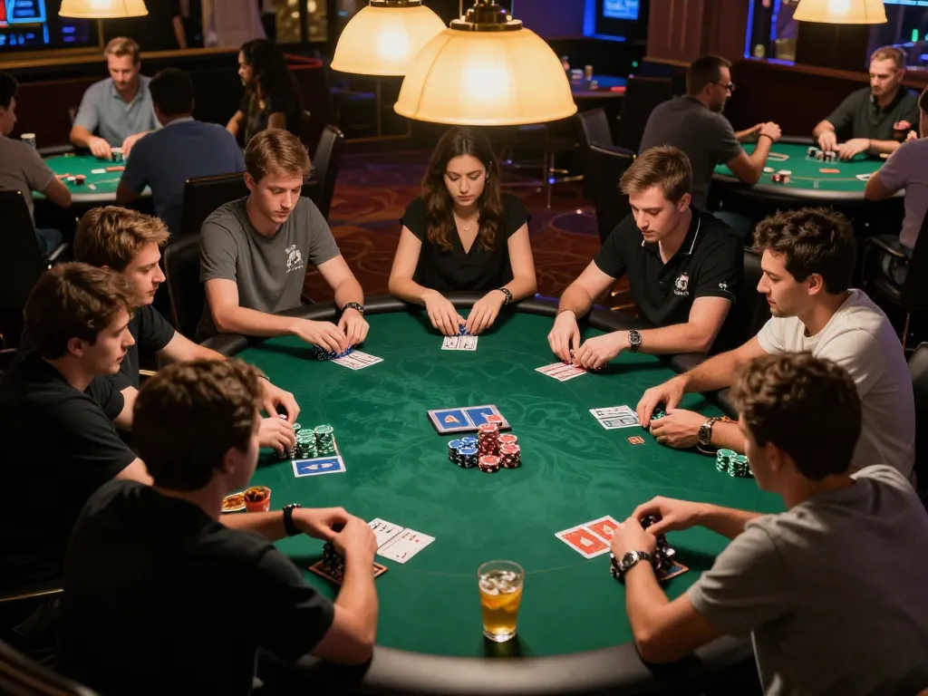 BOMWIN poker night with players facing off at a competitive table, showcasing chips and cards.