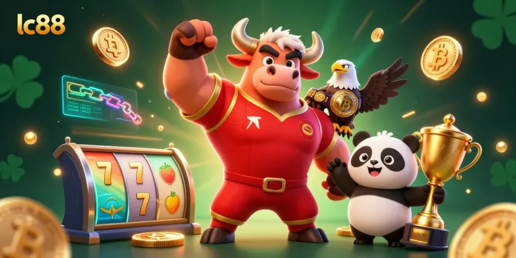 Celebrating at lc88 casino, a muscular bull, eagle, and panda showcase digital gaming excitement.