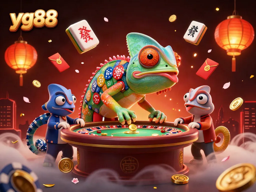 Experience the exciting world of yg88 as a vibrant chameleon casino owner captures golden coins at a lively casino scene.