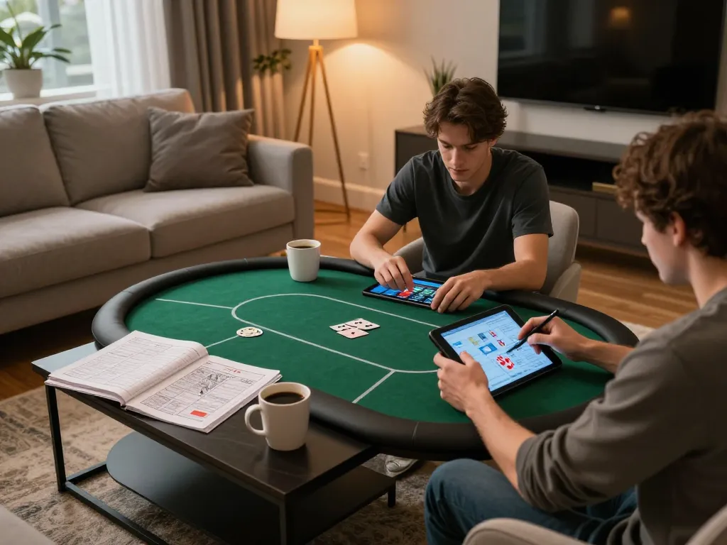 56WIN player enjoying a poker game on a tablet in a cozy home setting.