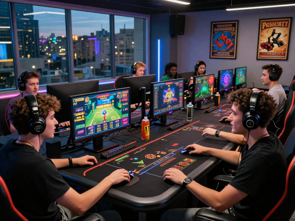 KOMBET168 online gaming session with diverse players in a modern gaming room, showcasing vibrant graphics and engaging atmosphere.