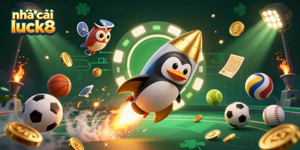 Engage in excitement at nhà cái luck8 with a dynamic scene showcasing a golden penguin soaring towards a casino chip station amidst flying sports elements.