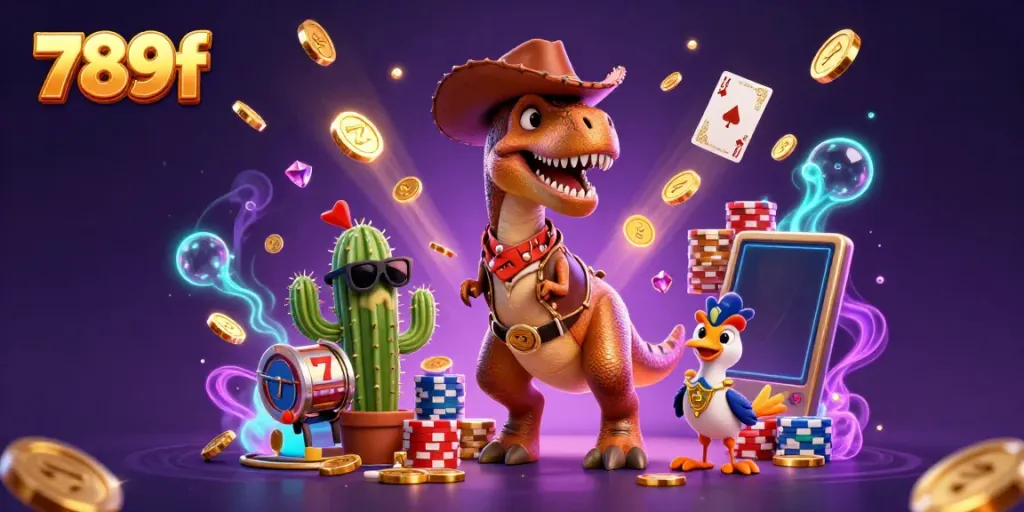 Experience thrilling casino action with 789f as a T-Rex cowboy and friends interact with vibrant slot games and dynamic treasures.
