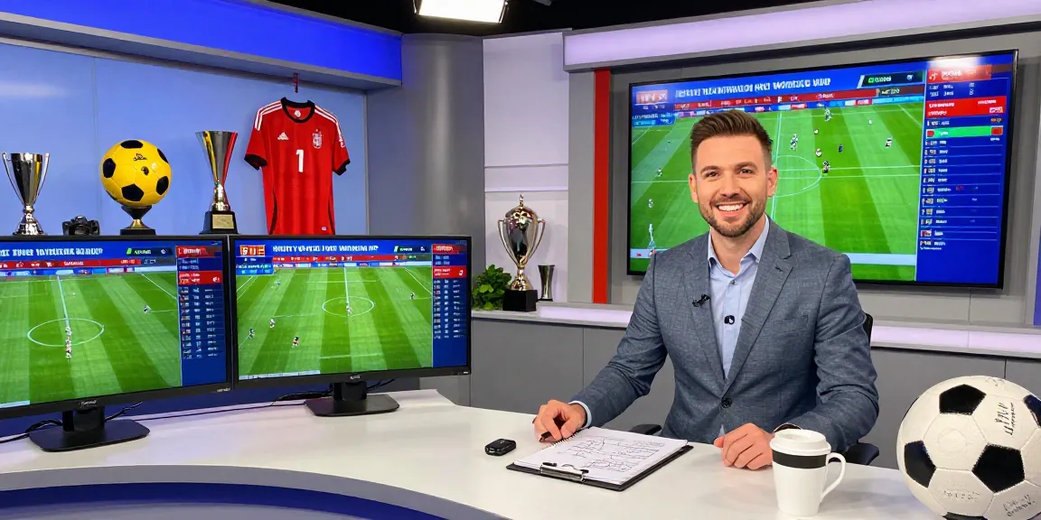 Bongdata sports analyst discussing World Cup odds in a high-tech studio, multiple screens showing live football stats.