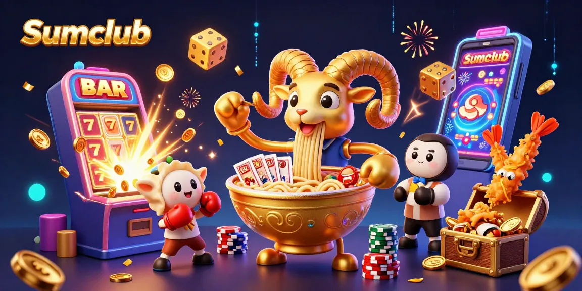 Engage with Sumclub's vibrant casino games featuring a lively 3D scene of characters and dynamic elements.