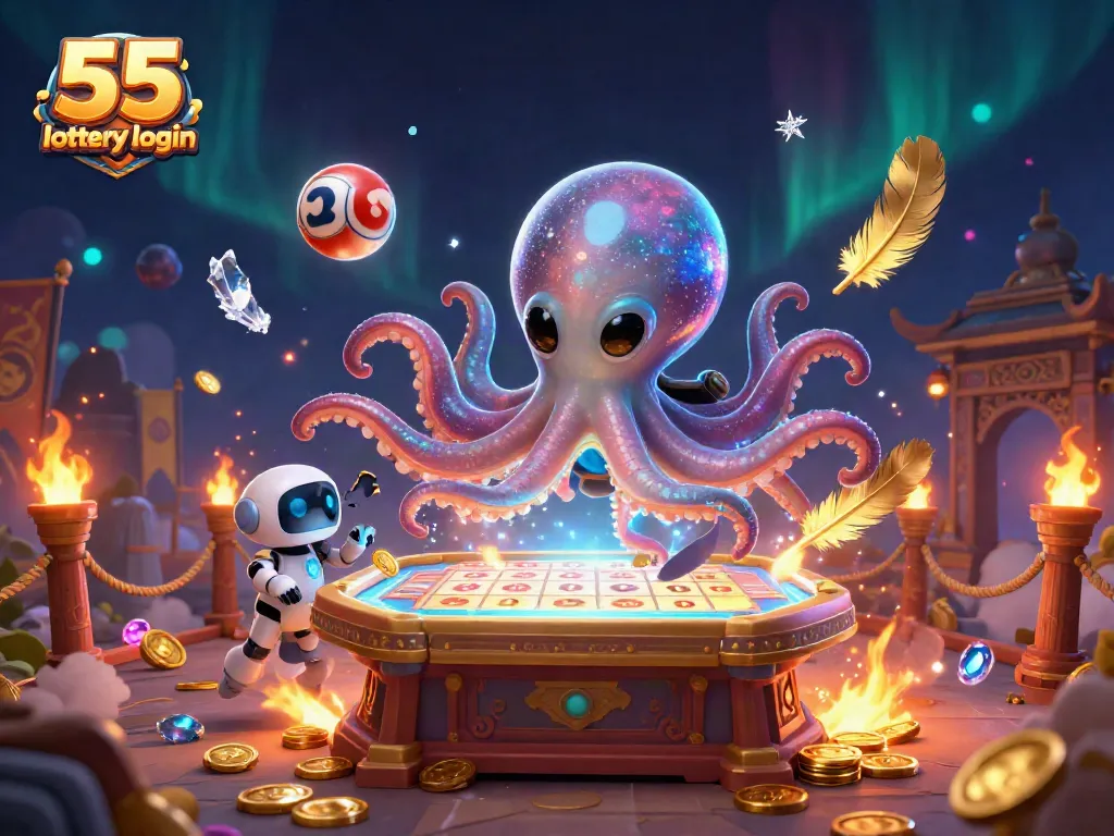 Engage with the thrilling 55 lottery login experience featuring colorful alien characters and lottery game elements.