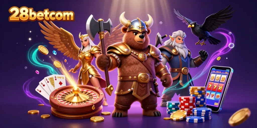 Engage with 28betcom's vibrant casino fantasy featuring Viking bear and Valkyrie in action.