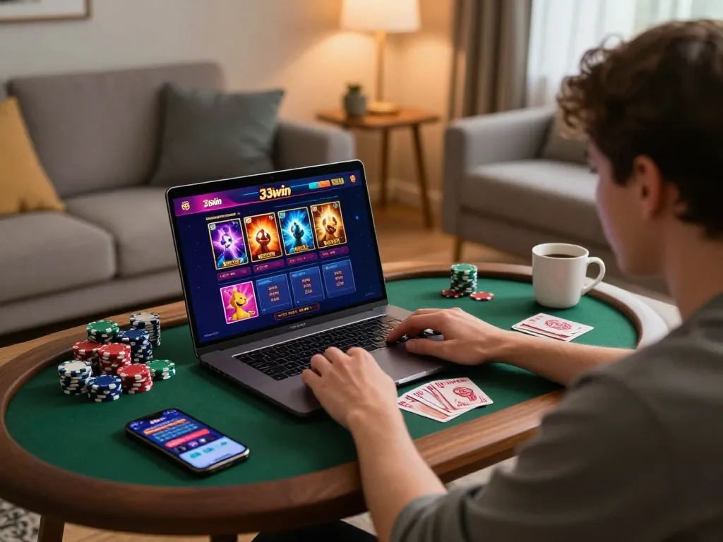 Engaging in online gaming at home, showcasing 33win casino interface with vibrant colors, complete with gaming setup and strategy notes.