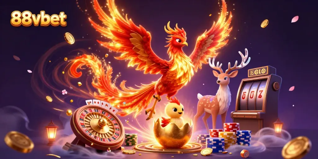 Engage with the dynamic 88vbet scene featuring a soaring phoenix and golden gaming elements.