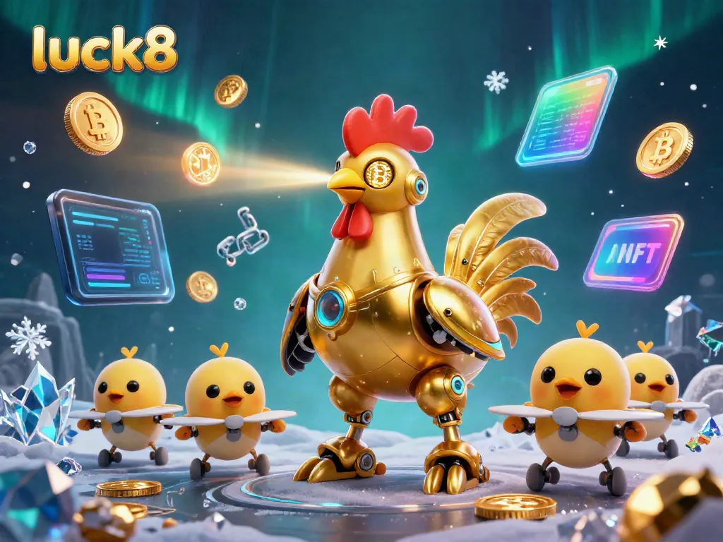 Engage in exciting casino strategies with the luck8-themed golden rooster robot and drones amidst a vibrant digital scene.