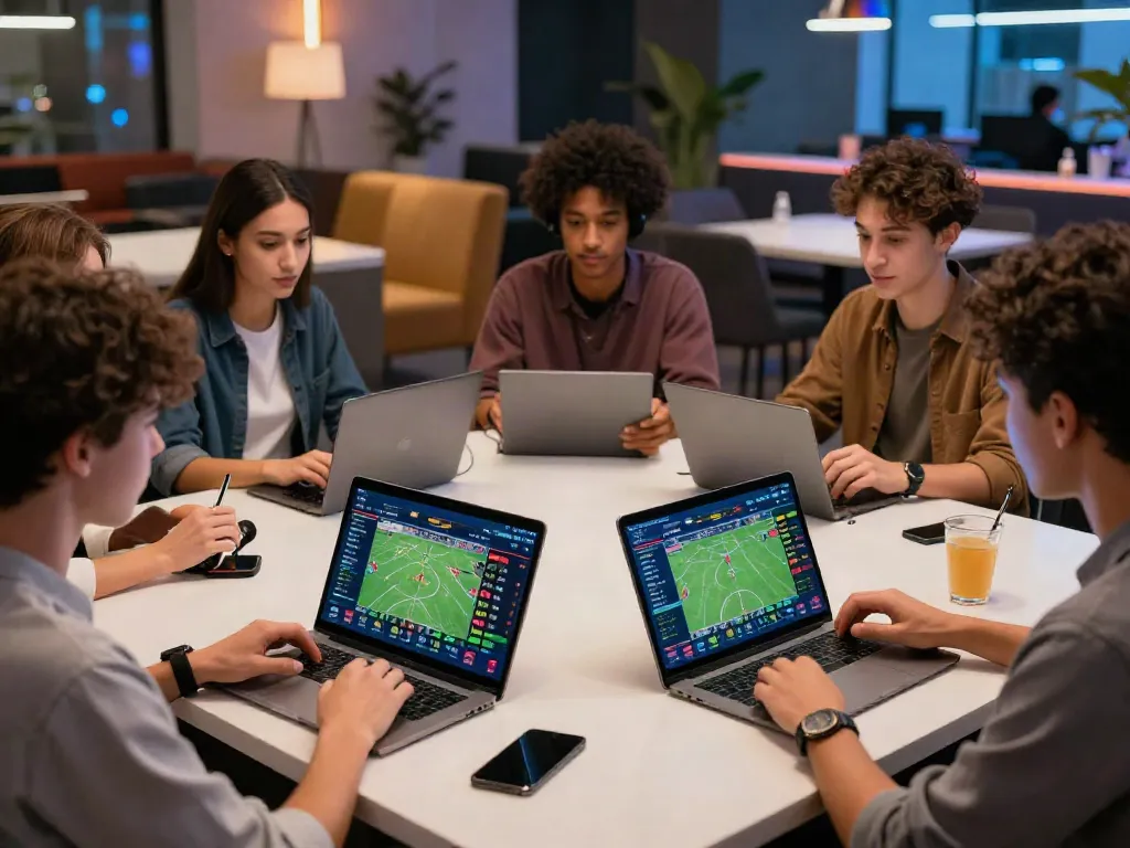 Young adults enjoying live betting at 11bet.com, tablets and sports stats visible.