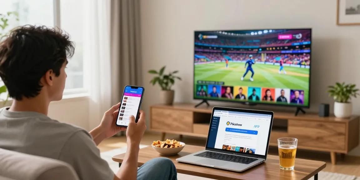 Pikashow APK download scene showcasing a user enjoying IPL cricket streaming from the app on a large TV in a cozy living room.