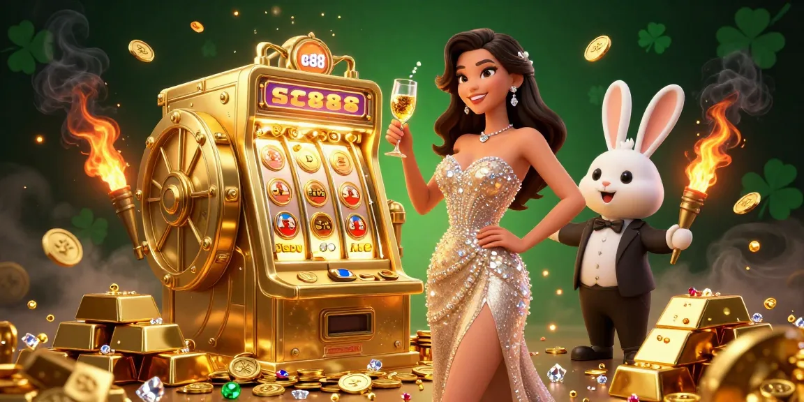 Experience jackpot excitement at sc88, with a glamorous woman celebrating beside a golden slot machine.
