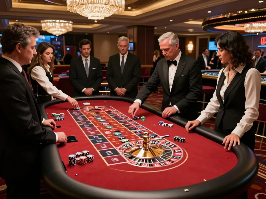 va88 players placing bets at an elegant roulette table amidst vibrant casino ambiance