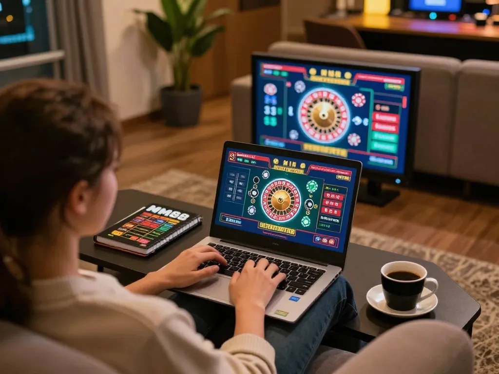 Engaging in strategic online gaming on MM88 platform with roulette interface visible, creating a cozy atmosphere.
