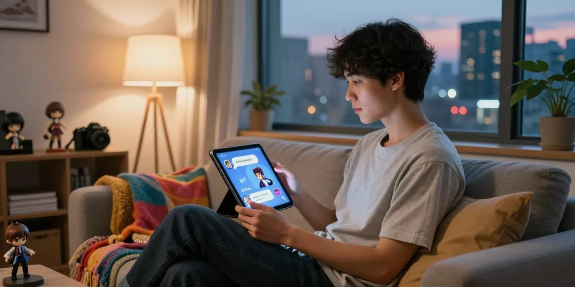 Engaging with ecchi chat ai on a cozy tablet display in a vibrant living room.