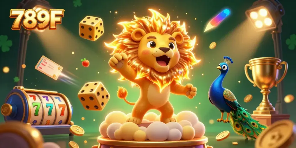 Experience excitement at 789F with a dynamic scene of a roaring lion, golden casinos, and vibrant gambling elements.