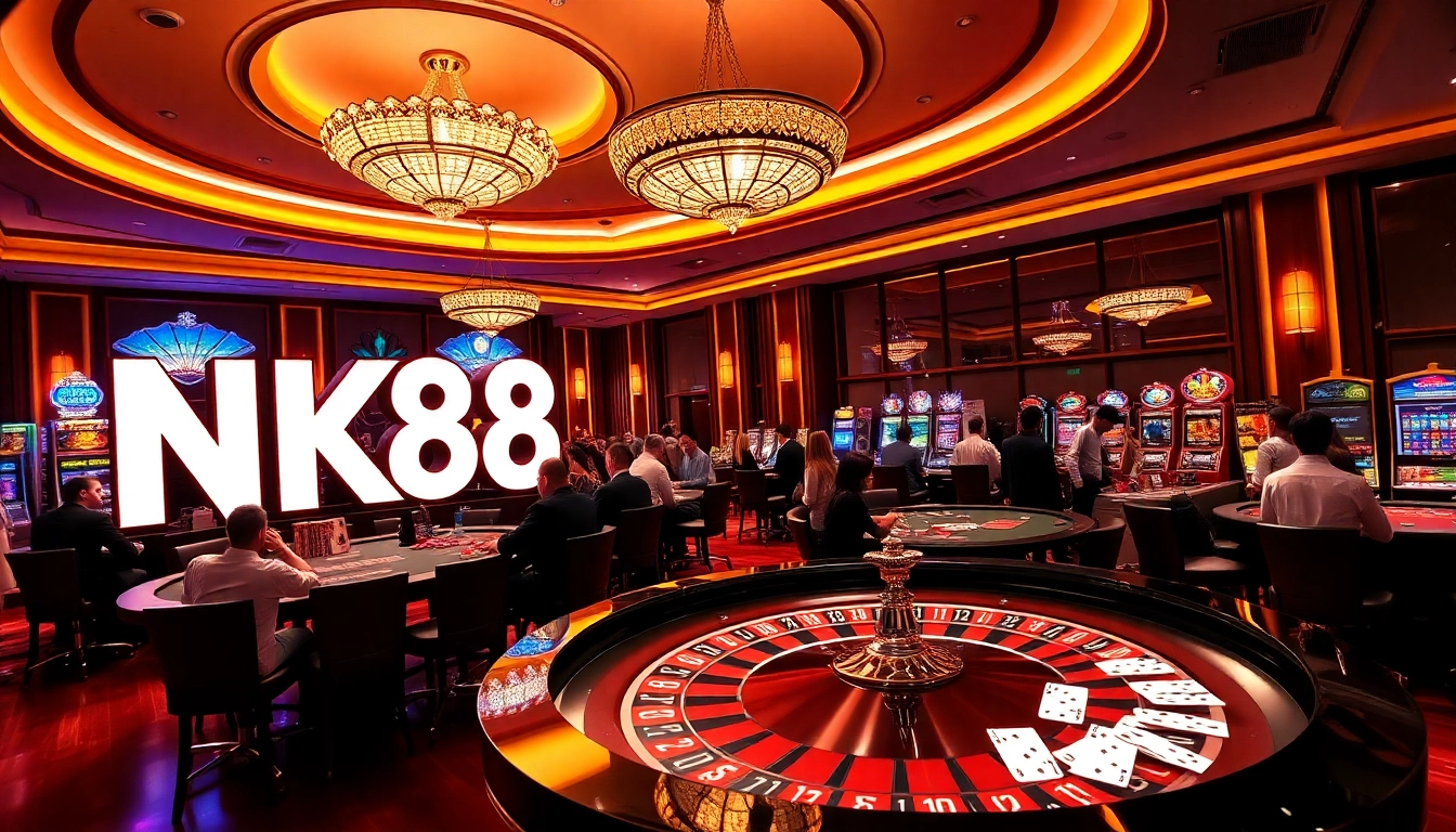 An immersive view of a casino with the NK88 logo, showcasing players at roulette and slot machines.
