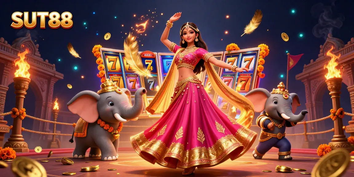 SUT88 offers exciting gambling experiences with vibrant characters enjoying slot games amidst gold coins and dynamic elements.