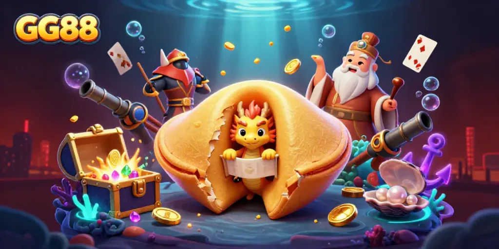 Experience the excitement of GG88 with a vibrant 3D illustration featuring a golden fortune cookie and game elements.