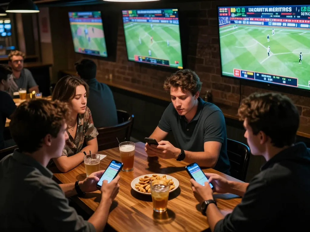 Excited patrons analyzing ty le keo nha cai 5 for live betting in a vibrant sports bar.