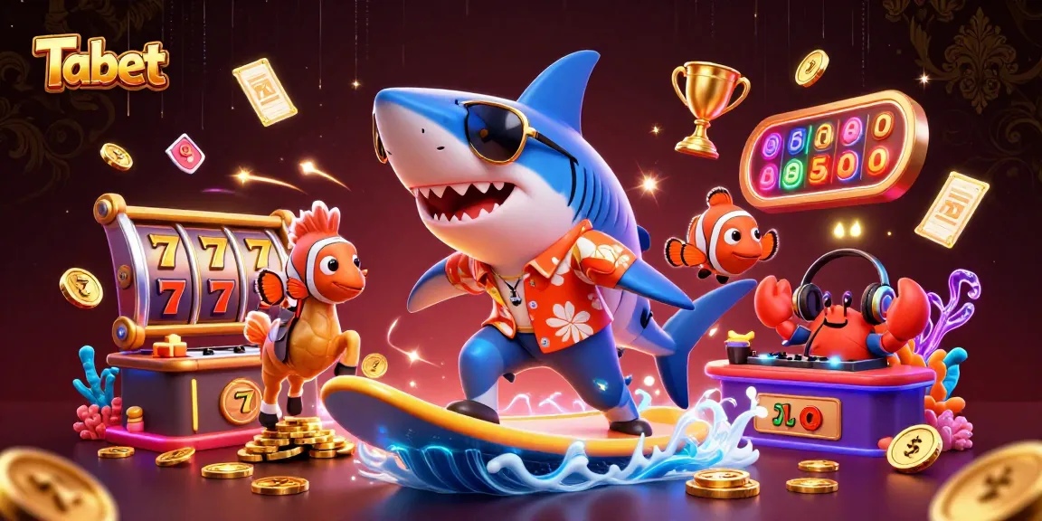 Surf thrilling with Tabet in a vibrant casino scene filled with gold coins and jubilant characters.